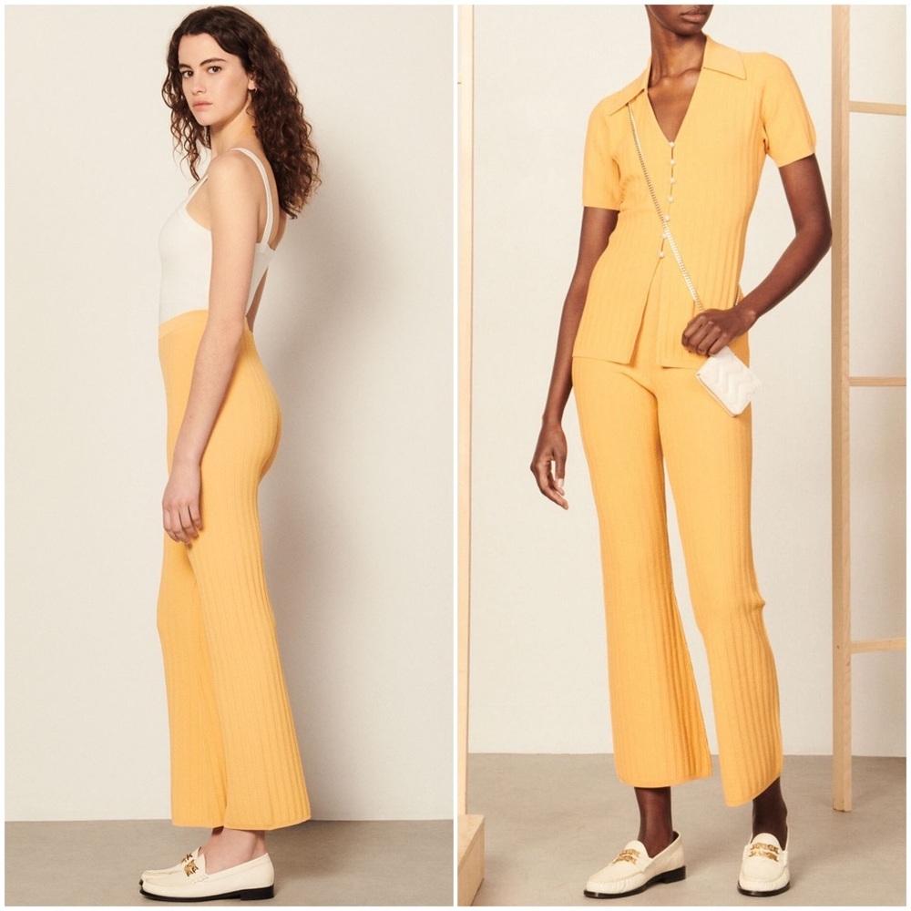 SANDRO Pointelle Trim Rib Knit High Rise Ankle Crop Bootcut Flare Leg Pants‎ M - Picture 8 of 14
